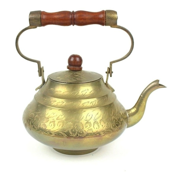 SOLD- Vintage Brass Etched Tea Kettle Tea Pot India - Picture 2 of 8